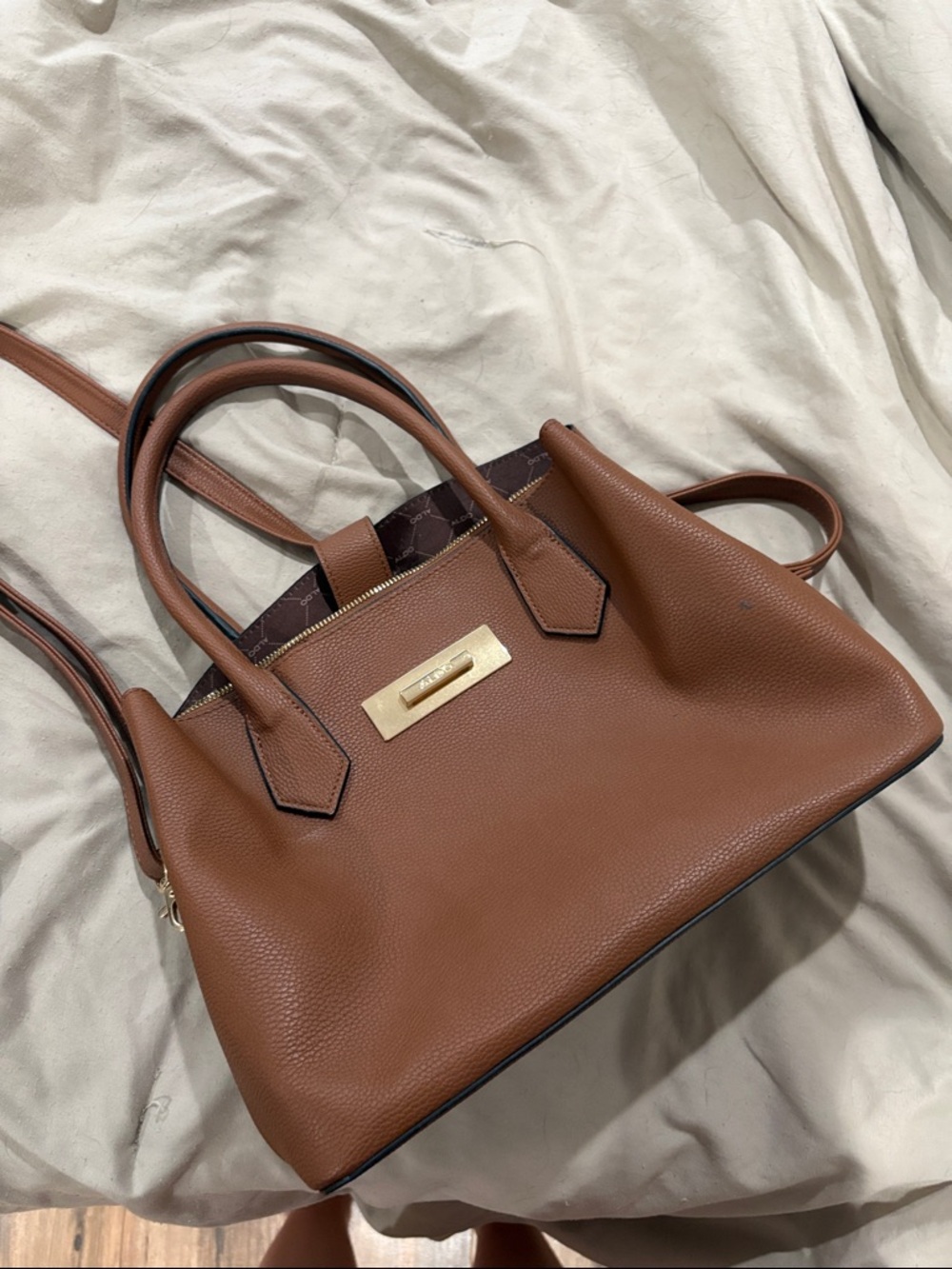 Aldo Brown Pebbled Satchel with Gold Hardware